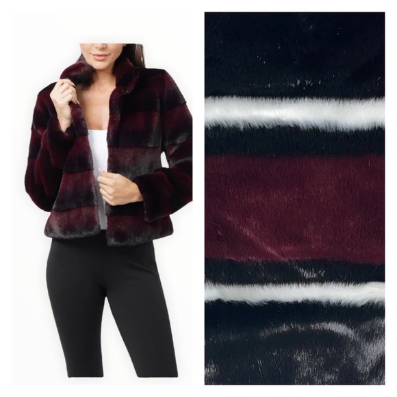 NWT CATHERINE MALANDRINO Black Burgundy Color Block Faux Fur Bomber Jacket Sz XS - Picture 4 of 8